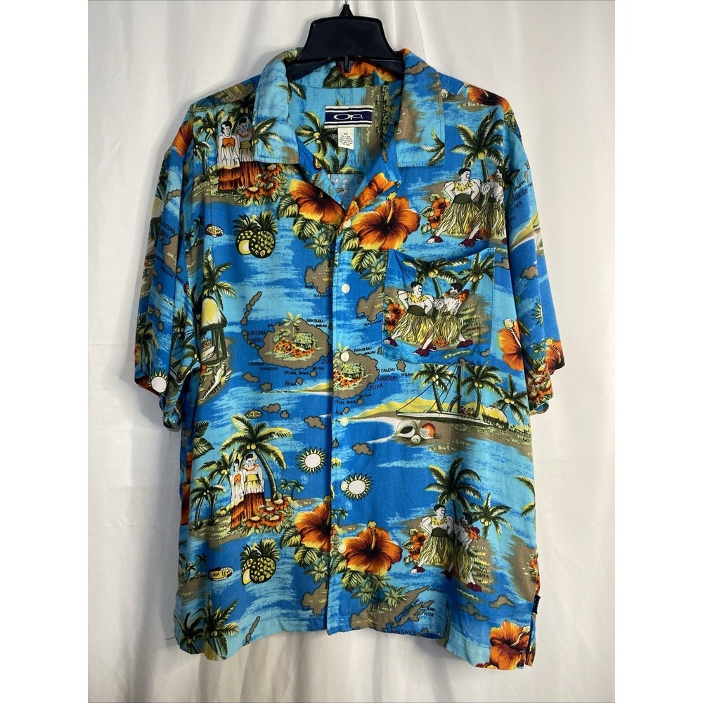 Ocean Pacific Hawaiian Shirt Mens XL Blue Excellent Rayon Tropical Hula Map OP